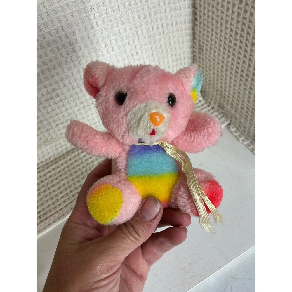 Vintage Unisex Oriental Trading Co. Rainbow Teddy Bear Small Pink Multi